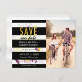 白黒ストライプの結婚救フローラの日付 案内ポストカード (正面/裏面)