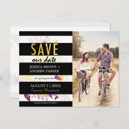 白黒ストライプの結婚救フローラの日付 案内ポストカード (正面/裏面)