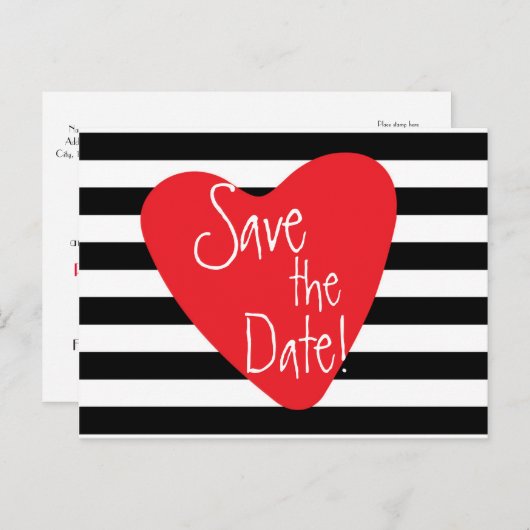 白黒ストライプの赤いハートはがき 案内ポストカード (正面/裏面)