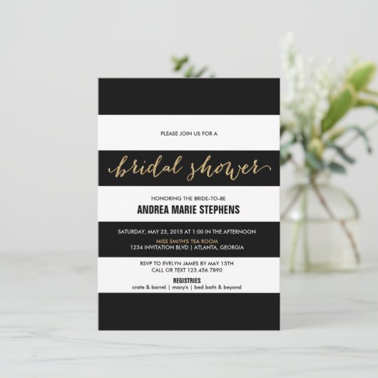 白黒ストライプの金ゴールドのグリッターのブライダルシャワー 招待状 (スタンド正面)