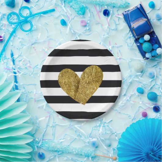 白黒ストライプの金ゴールドのハート ペーパープレート (パーティー)