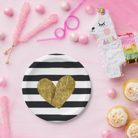 白黒ストライプの金ゴールドのハート ペーパープレート (パーティー)