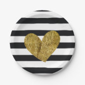 白黒ストライプの金ゴールドのハート ペーパープレート (正面)