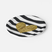 白黒ストライプの金ゴールドのハート ペーパープレート (アングル)