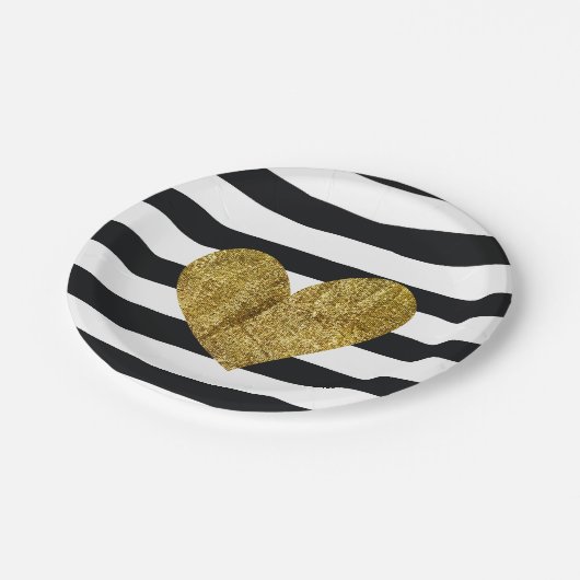 白黒ストライプの金ゴールドのハート ペーパープレート (アングル)