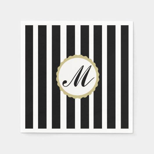 白黒ストライプの金ゴールドモノグラム紙ナプキンス スタンダードカクテルナプキン (正面)