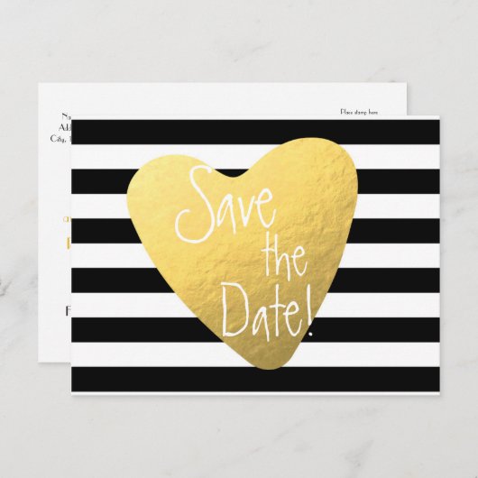 白黒ストライプの金箔ハートはがき 案内ポストカード (正面/裏面)