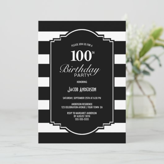 白黒ストライプの100th誕生日パーティー 招待状 (スタンド正面)