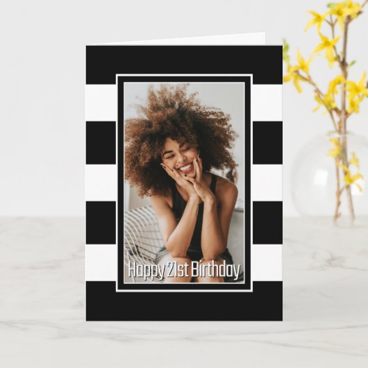 白黒ストライプの21歳の誕生日 カード (黄色い花)