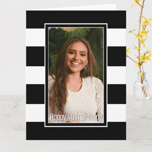 白黒ストライプの40歳の誕生日 カード (黄色い花)