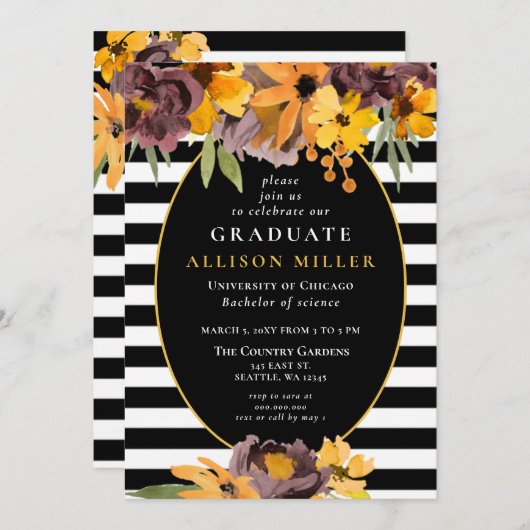 白黒ストライプイエローフローラ卒業党 招待状 (正面/裏面)