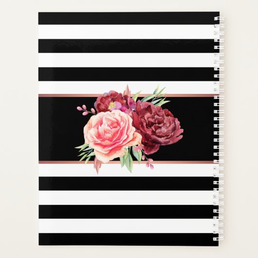 白黒ストライプエレガントフローラパーソナライズされた プランナー手帳 (裏面)