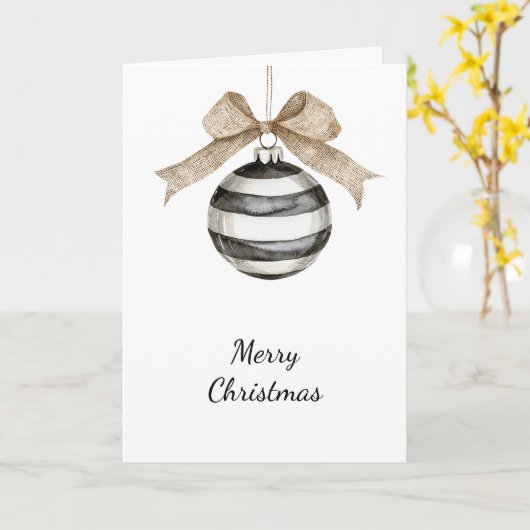 白黒ストライプオーナメントボウクリスマス カード (黄色い花)