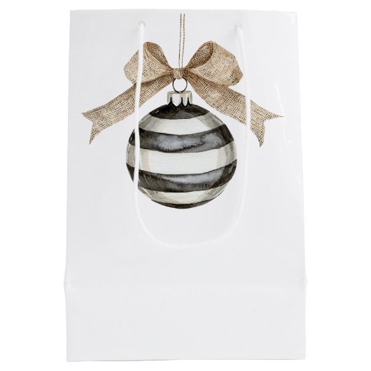 白黒ストライプオーナメントボウクリスマス ミディアムペーパーバッグ (裏面)