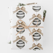 白黒ストライプオーナメントボウクリスマス ラッピングペーパーシート (インサイチュ)