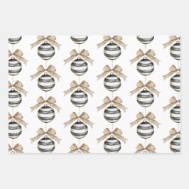 白黒ストライプオーナメントボウクリスマス ラッピングペーパーシート