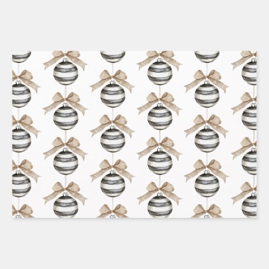 白黒ストライプオーナメントボウクリスマス ラッピングペーパーシート (正面)