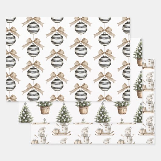 白黒ストライプオーナメントボウクリスマス ラッピングペーパーシート (セット)
