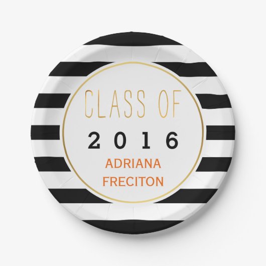 白黒ストライプクラス2016卒業 ペーパープレート (正面)