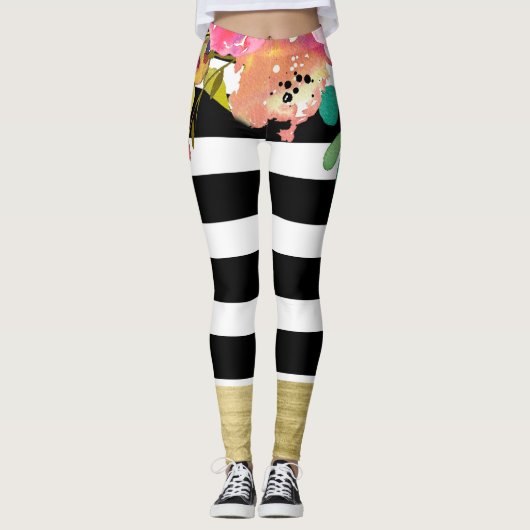 白黒ストライプグラム金ゴールドモダンフローラシック レギンス (正面)