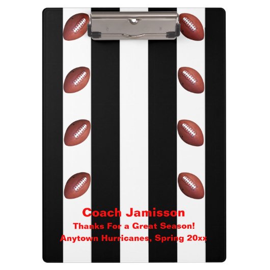 白黒ストライプサッカー感謝していコーチ名 クリップボード (正面)