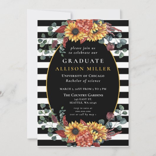 白黒ストライプサンフラワーズ卒業パーティー 招待状 (正面)
