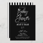 白黒ストライプシルバーシック赤ちゃんシャワー 招待状 (正面/裏面)