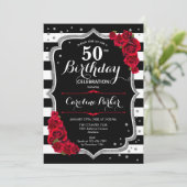 白黒ストライプシルバーレッド写真50誕生日 招待状 (スタンド正面)