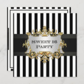 白黒ストライプスウィート16パーティーインバート 招待状 (正面/裏面)