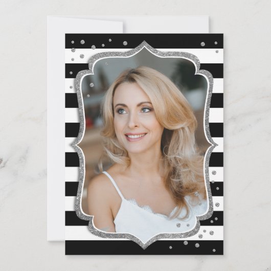 白黒ストライプズ銀写真第50誕生日 招待状 (裏面)