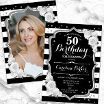 白黒ストライプズ銀写真第50誕生日 招待状<br><div class="desc">エレガントフローラ50歳の誕生日の招待状とカードの後ろの写真。グラム白黒デザインとフェイクグリッター銀。白黒の、ストライプバラ、スクリプトフォント、紙吹雪。大人スタイリッシュのお祝いパーティーに最適。独自の詳細でパーソナライズどんなカスタマイズ年でもいい！印刷されたZazzle招待状または即時ダウンロードのデジタル印刷可能なテンプレート。</div>