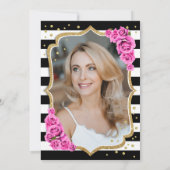 白黒ストライプズPink Roses写真50誕生日 招待状 (裏面)