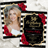 白黒ストライプズRed Roses写真50誕生日 招待状
