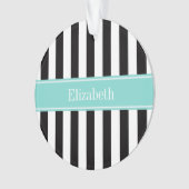 白黒ストライプターコイズリボン名モノグラム オーナメント (正面)