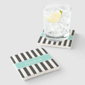白黒ストライプターコイズリボン名モノグラム ストーンコースター (横)