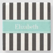 白黒ストライプターコイズリボン名モノグラム ストーンコースター (正面)