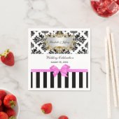 白黒ストライプダマスクバブルガムピンクリボン スタンダードカクテルナプキン (インサイチュ)