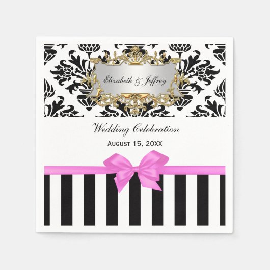 白黒ストライプダマスクバブルガムピンクリボン スタンダードカクテルナプキン (正面)