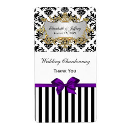 白黒ストライプダマスクパープルパーティーワインラベル ラベル