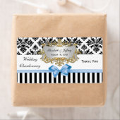 白黒ストライプダマスクLtブルーパーティーワインラベル ラベル (インサイチュ)