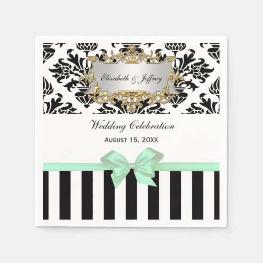 白黒ストライプダマスミントリボン スタンダードカクテルナプキン (正面)