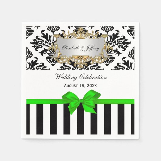 白黒ストライプダマスライムグリーンリボン スタンダードカクテルナプキン (正面)
