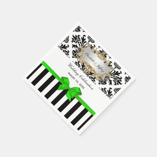 白黒ストライプダマスライムグリーンリボン スタンダードカクテルナプキン (角)