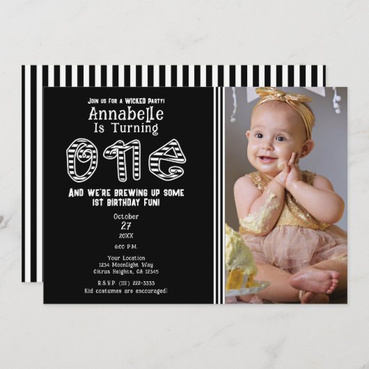 白黒ストライプハロウィーン写真1ST誕生日 招待状 (正面/裏面)