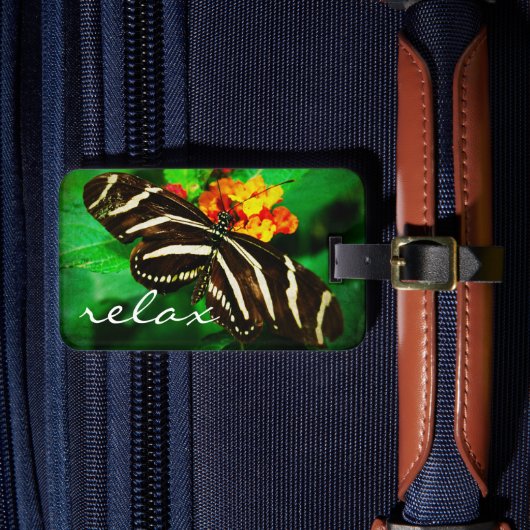 白黒ストライプバタフライ写真スリラックスプリプト ラゲッジタグ (正面インサイチュ4)