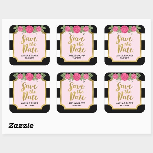 白黒ストライプバラ結婚式日付の保存 スクエアシール (シート)