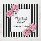 白黒ストライプピンクの花結婚バラ スパークリングワインラベル (シングルラベル)