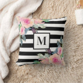白黒ストライプピンクウォーターカラーフローラモノグラム クッション (ブランケット)