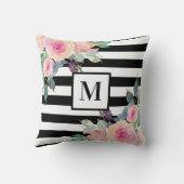 白黒ストライプピンクウォーターカラーフローラモノグラム クッション (裏面)