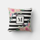 白黒ストライプピンクウォーターカラーフローラモノグラム クッション (正面)